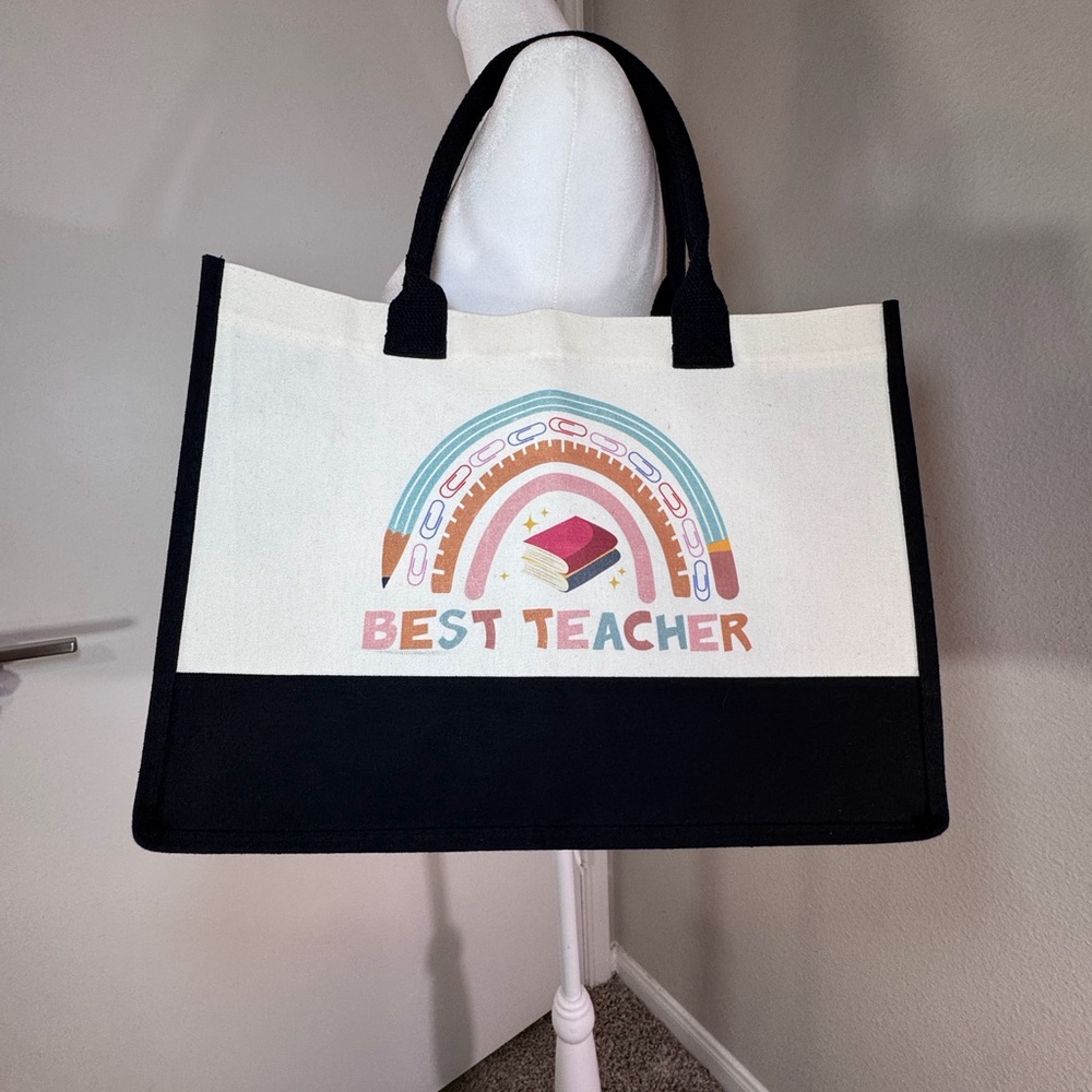 Best Teacher Boho Rainbow Canvas Tote Bag Black/Cream